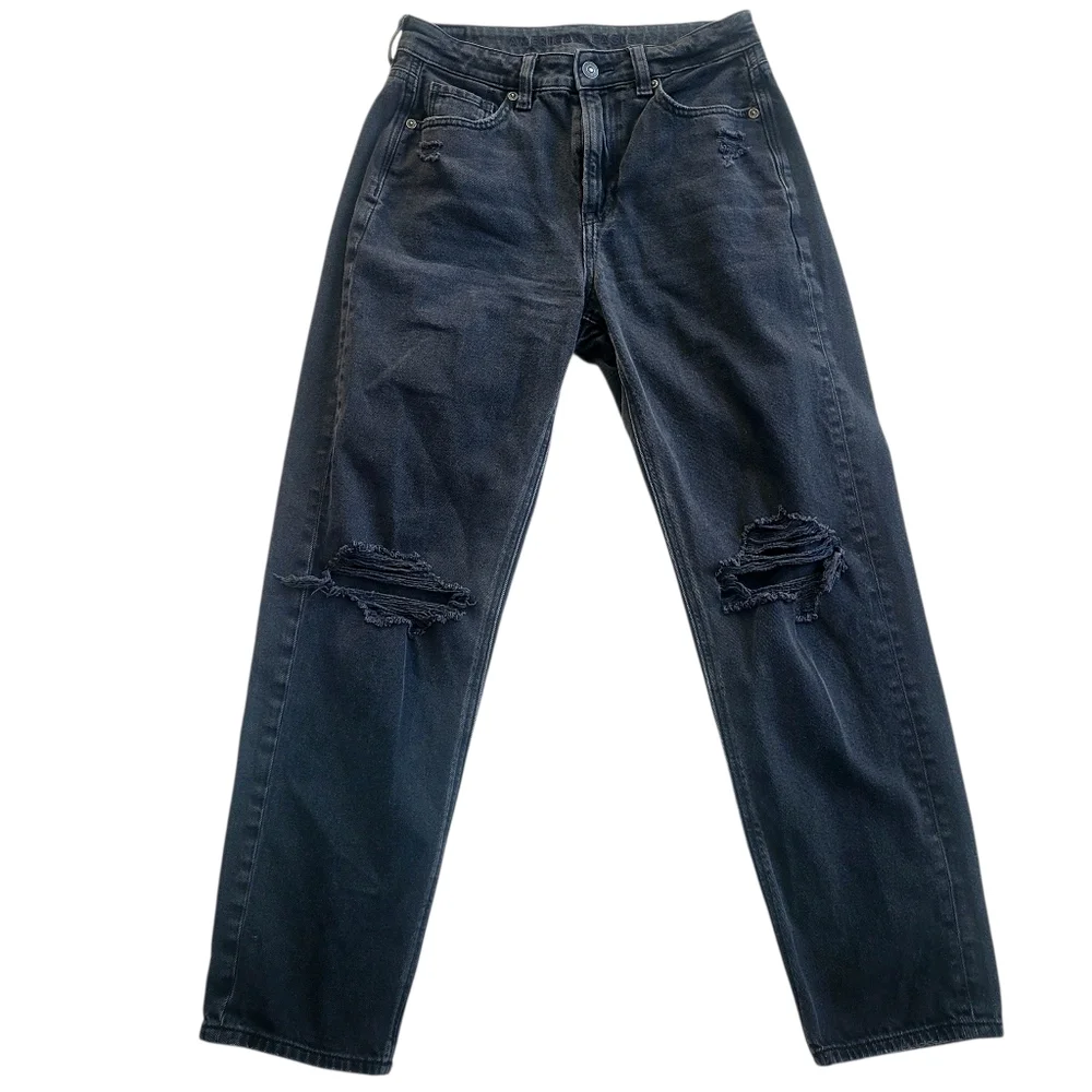 American Eagle Womens Ripped Mom Straight Jean Faded Black High Waisted  Size 4 - Picture 3 of 11